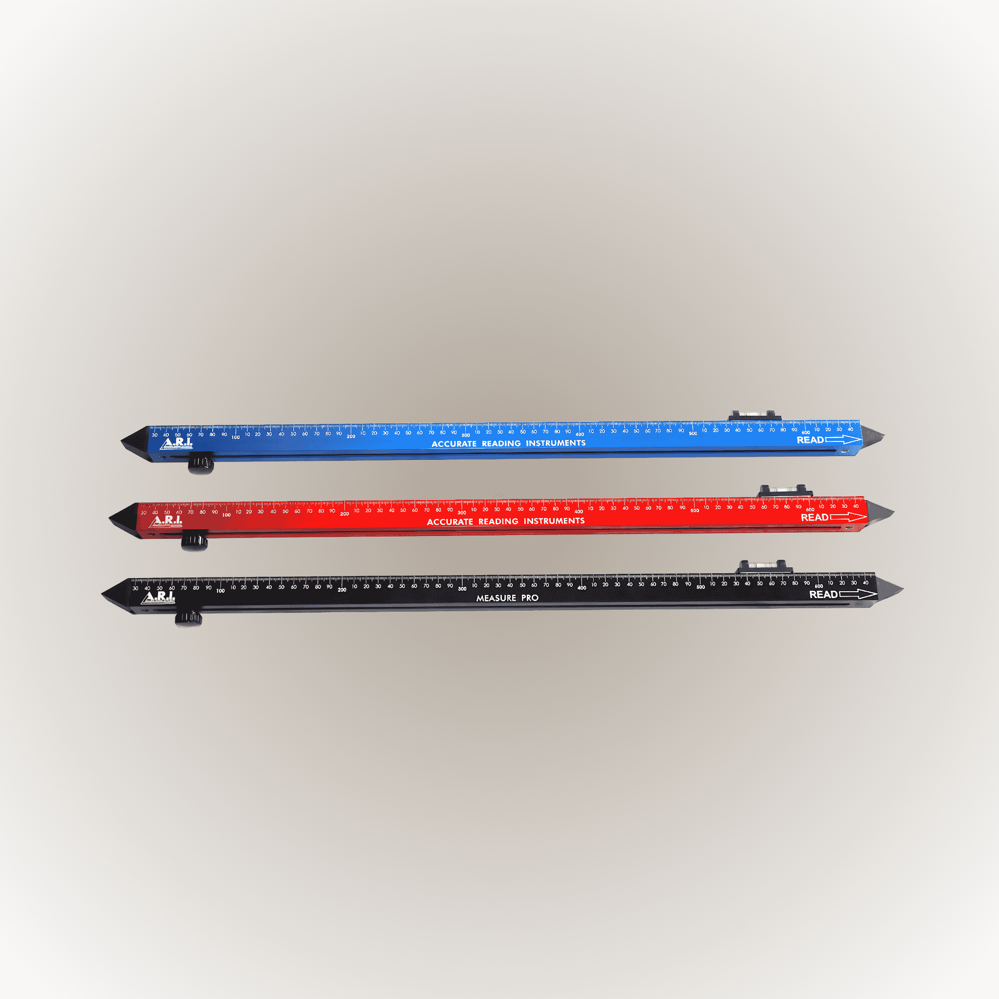 Three Measure Pros in three different colours, blue, red and black.